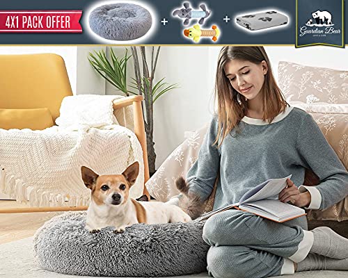 Cama Perro Antiestrés con Manta y 2 Juguetes para Perros, Cama para Perros Pequeños Redonda Tipo Donut de 50cm., Manta para Perros y 2 Juguetes para Perros (Dog Toys Gris)