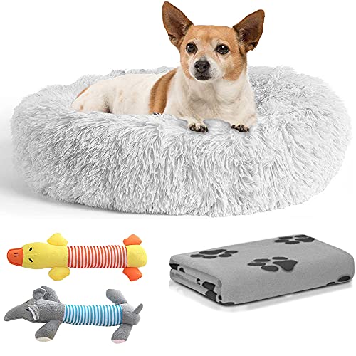 Cama Perro Antiestrés con Manta y 2 Juguetes para Perros, Cama para Perros Pequeños Redonda Tipo Donut de 50cm., Manta para Perros y 2 Juguetes para Perros (Dog Toys Gris)