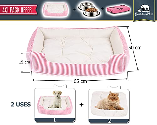 Cama Perro o Cama Gato 65x50cm con Comedero, Bebedero y Manta. Pack 4 en 1 Básico para Mascotas Pequeñas y Cachorros