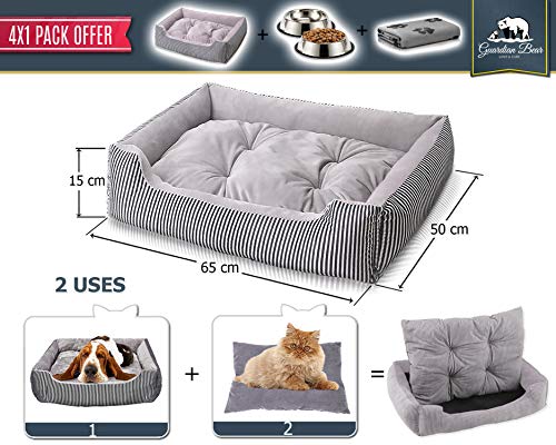 Cama Perro o Cama Gato 65x50cm con Comedero, Bebedero y Manta. Pack 4 en 1 Básico para Mascotas Pequeñas y Cachorros (Gris)