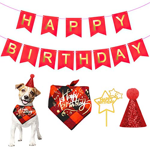 Camidy Pet Birthday Hat Bandana Banners Cake Topper Set, Dog Happy Birthday Party Supplies for Pet Birthday Gift Decor