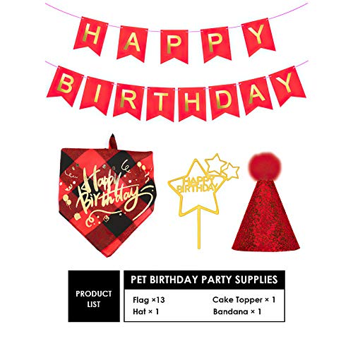 Camidy Pet Birthday Hat Bandana Banners Cake Topper Set, Dog Happy Birthday Party Supplies for Pet Birthday Gift Decor