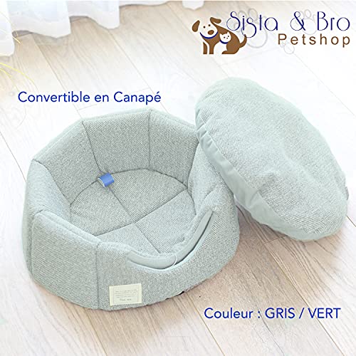 Caseta de cama IGLOO convertible en sofá para gato o perro interior. Material y diseño cuidado + cama interior suave y cómoda, desmontable, plegable, fácil de mantener, color verde oscuro