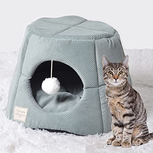 Caseta de cama IGLOO convertible en sofá para gato o perro interior. Material y diseño cuidado + cama interior suave y cómoda, desmontable, plegable, fácil de mantener, color verde oscuro