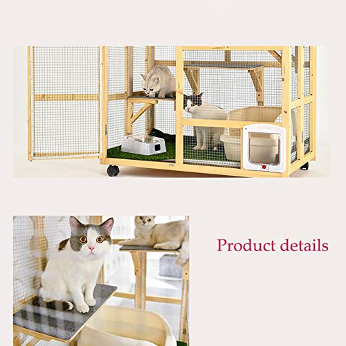 Caseta Perros Exterior Gato Rueda universal jaula de madera del gato de animal doméstico con Coop móvil Hutch Small Animal House duradero y seguro for la cubierta de 3 niveles Cat Inicio Y