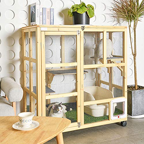 Caseta Perros Exterior Gato Rueda universal jaula de madera del gato de animal doméstico con Coop móvil Hutch Small Animal House duradero y seguro for la cubierta de 3 niveles Cat Inicio Y