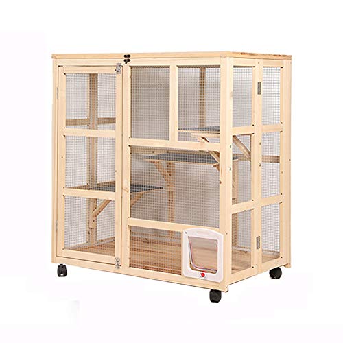 Caseta Perros Exterior Gato Rueda universal jaula de madera del gato de animal doméstico con Coop móvil Hutch Small Animal House duradero y seguro for la cubierta de 3 niveles Cat Inicio Y