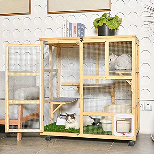 Caseta Perros Exterior Gato Rueda universal jaula de madera del gato de animal doméstico con Coop móvil Hutch Small Animal House duradero y seguro for la cubierta de 3 niveles Cat Inicio Y