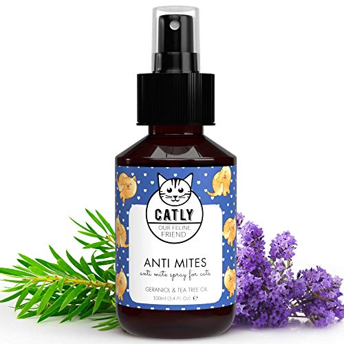 Catly Spray Antiácaros y Antiparasitario Gatos - Antipulgas Gatos con Aceite de Geranio, Lavanda y Aceite de Árbol de Té - Antiparásitos y Antipulgas para Gatos - Alternativa a Pipetas Gatos, 100ml