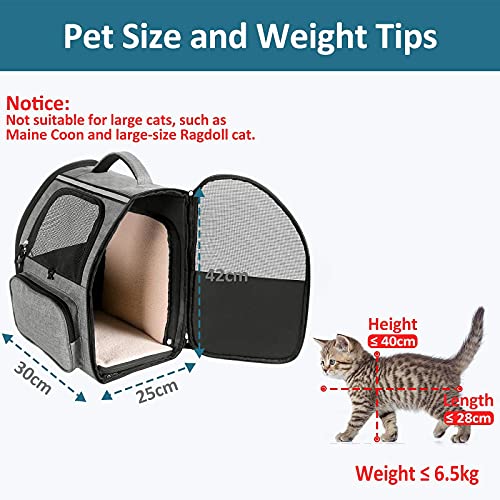 CatRomance Transportín Mochila para Gatos y Perros Pequeños, Bolsa para Mascotas Expandible y Plegable con Túnel y Correa de Seguridad, Carga Máxima 6,5kg para Viajar en Tren, Automóvil y Avión