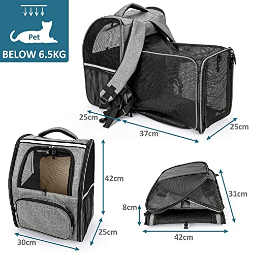 CatRomance Transportín Mochila para Gatos y Perros Pequeños, Bolsa para Mascotas Expandible y Plegable con Túnel y Correa de Seguridad, Carga Máxima 6,5kg para Viajar en Tren, Automóvil y Avión