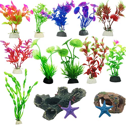 Cayway 15 Pz Acuario Plantas de Plástico, 11 Pz Acuario Plantas de Plantas Artificiales 2 Pz dorno de Acuario de Resina de Madera de Decoración para Acuarios y Pecera