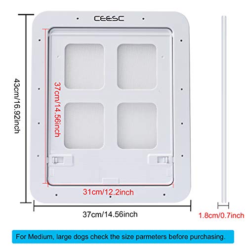 CEESC Puerta mosquitera para Perros (tamaño Exterior 43 cm x 37 cm), Puerta mosquitera para Mascotas con Cerradura para Perros y Perritos, Puerta para Perros para Puerta mosquitera (L, Blanca)