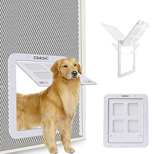 CEESC Puerta mosquitera para Perros (tamaño Exterior 43 cm x 37 cm), Puerta mosquitera para Mascotas con Cerradura para Perros y Perritos, Puerta para Perros para Puerta mosquitera (L, Blanca)