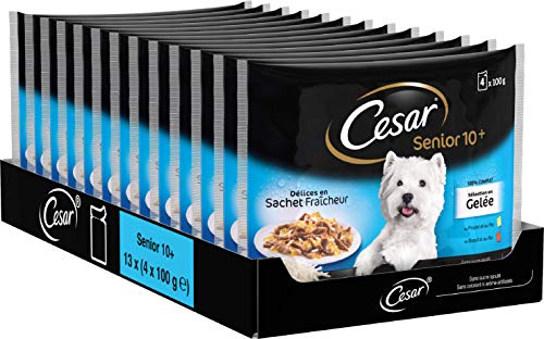 Cesar Comida Húmeda para Perros Senior Selección Carnes Mixtas en Gelatina, Multipack (Pack de 13 x 4 bolsitas x 100g)