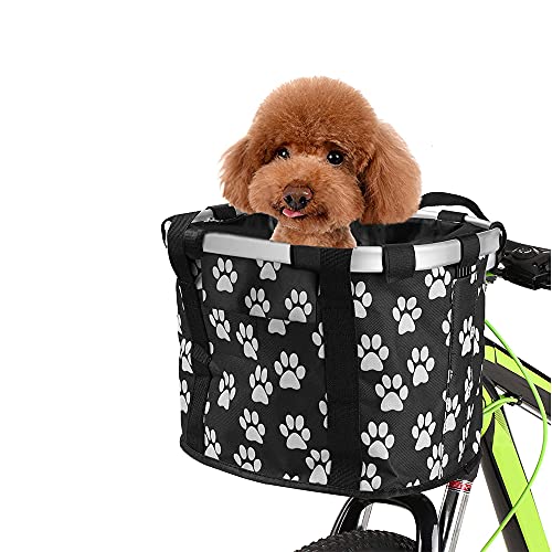 Cesta Desmontable para Bicicleta Frente para Bicicleta Soporte para Mascotas Bolsa Delantera de Lona Marco de Aleación de Aluminio Cesta para Mascotas (Pata)