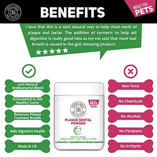 C&G Pets Polvo dental de placa, 100 ml, para sida y digestiva, mezcla antibacteriana a base de plantas, elimina la placa, refresca el aliento, ingredientes 100% naturales, para gatos y perros