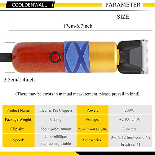 CGOLDENWALL Cortapelo para Mascotas 200W - Bajo Ruido y Vibración - Clippers para Animal Profesional con Cable de 3m Ideal para Conejo/Perro/Gato/Oveja y Otros Animales