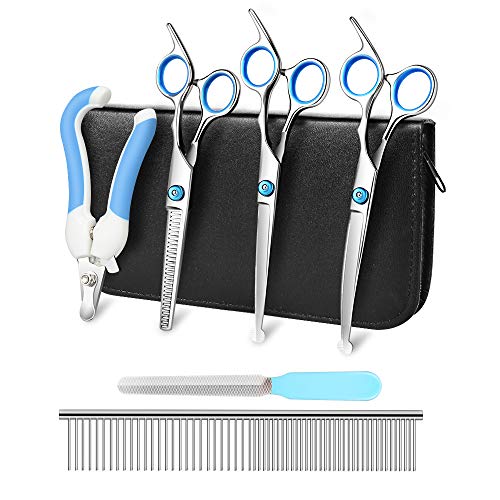 CHMMY Kit de Tijeras de Aseo para Perros con Punta Rotonda Grooming Kit Set 6 Rectas y Curvas Entresacar de Acero Inoxidable Tijeras para Perros