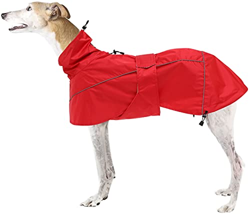 Chubasquero para Perros MOREZI, Impermeable/Impermeable, con cordón, cinturón y Bordes Reflectantes, Apto para Galgos y Perros de tamaño Mediano a Grande-Rojo-L