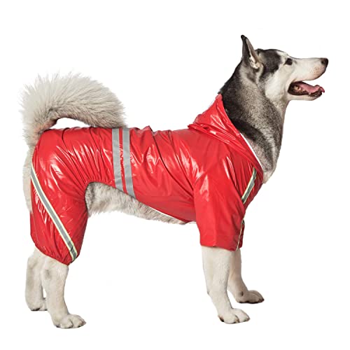 CJCSM Impermeable para Perros, Chaqueta Impermeable con Capucha para Perros, Mono para Cachorros, Poncho para la Lluvia con Tira Reflectante y Orificio para el arnés (Red XL)