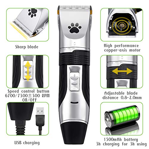 Clippers de aseo para mascotas, recargables, inalámbricos, de bajo ruido, kit de cortadoras de pelo eléctrico, juego de cortadoras de pelo para mascotas, cuchilla extraíble con 4 guías de peine