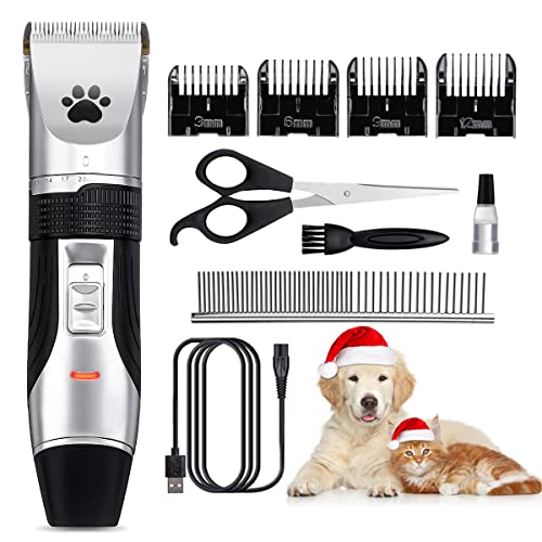 Clippers de aseo para mascotas, recargables, inalámbricos, de bajo ruido, kit de cortadoras de pelo eléctrico, juego de cortadoras de pelo para mascotas, cuchilla extraíble con 4 guías de peine