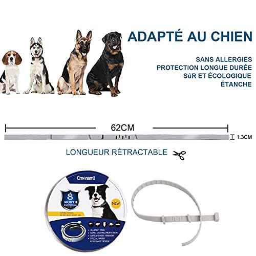 Cmonami Collar antipulgas para Perros,Collar antipulgas y antigarrapatas con 8 Meses de protección, Impermeable para Mascota Pequeño Mediano Grandes - 62cm