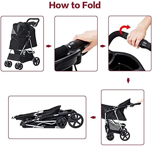 Cochecito para perros, carrito para gatos con cesta de almacenamiento para mascotas, cochecito plegable, impermeable, 400D Oxford para viajes y paseos (02Negro)