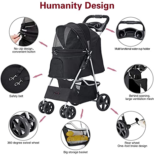 Cochecito para perros, carrito para gatos con cesta de almacenamiento para mascotas, cochecito plegable, impermeable, 400D Oxford para viajes y paseos (02Negro)