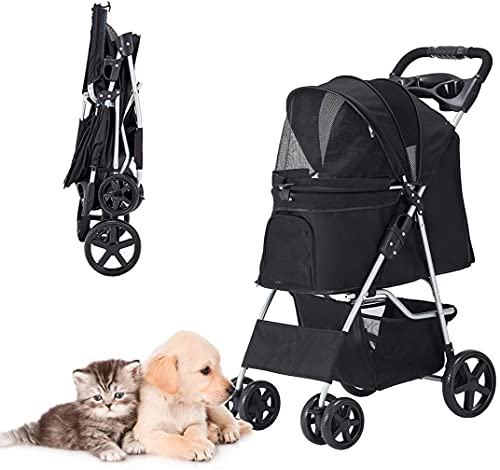 Cochecito para perros, carrito para gatos con cesta de almacenamiento para mascotas, cochecito plegable, impermeable, 400D Oxford para viajes y paseos (02Negro)