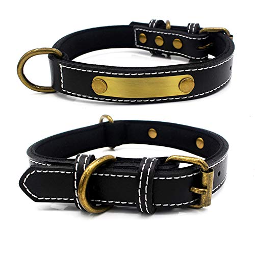 Collar Cuero Suave Acolchado Ajustable Personalizados para Perros Cachorro con Etiqueta de Nombre Grabado Collar Perro Grande Mediano Pequeño Negro