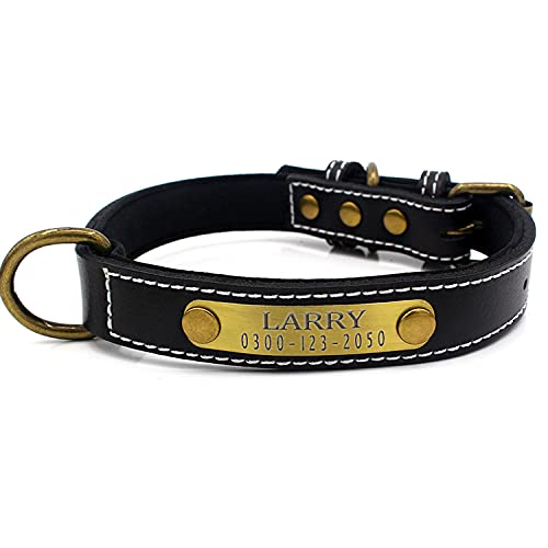 Collar Cuero Suave Acolchado Ajustable Personalizados para Perros Cachorro con Etiqueta de Nombre Grabado Collar Perro Grande Mediano Pequeño Negro