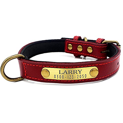 Collar Cuero Suave Acolchado Ajustable Personalizados para Perros Cachorro con Etiqueta de Nombre Grabado Collar Perro Grande Mediano Pequeño Rojo