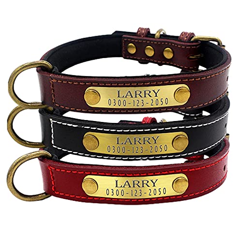 Collar Cuero Suave Acolchado Ajustable Personalizados para Perros Cachorro con Etiqueta de Nombre Grabado Collar Perro Grande Mediano Pequeño Rojo