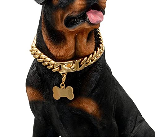 Collar de Cadena para Perro de Oro de por Vida de 14 mm,Lujoso Eslabón Cubano de 18 Quilates Resistente a Prueba de Masticación con Hebilla Segura