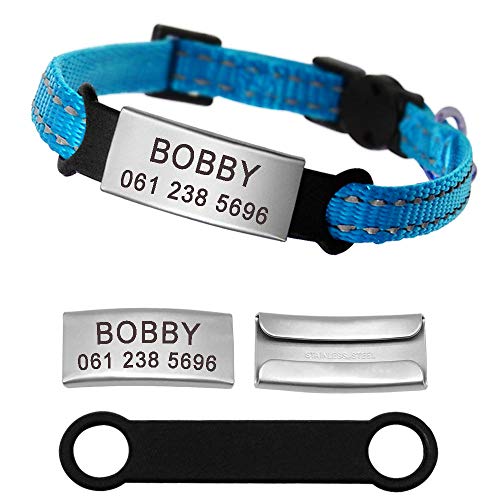 Collar de gato de nailon Collares personalizados para mascotas con etiqueta de identificación de nombre Collar reflectante de collares de gatito Chihuahua para mascotas Accesorios para perros-Blue_XXS