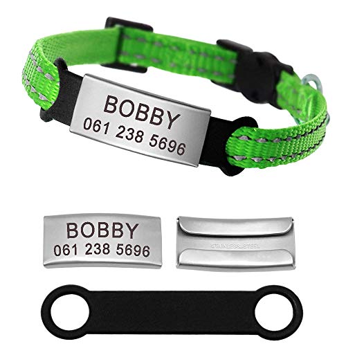 Collar de gato de nailon Collares personalizados para mascotas con etiqueta de identificación de nombre Collar reflectante de collares de gatito Chihuahua para mascotas Accesorios para perros-Green_XS