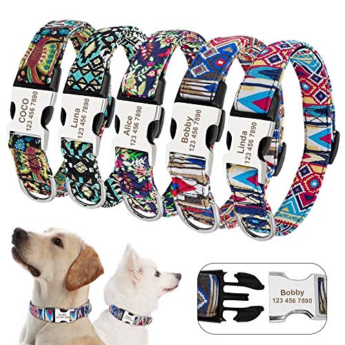 Collar de Perro con diseño Tribal Personalizado con Placa de Nombre grabada – Collar de Perro Personalizado con Hebilla Ligera – Collar Ajustable para Mascotas para Perros pequeños medianos Grandes