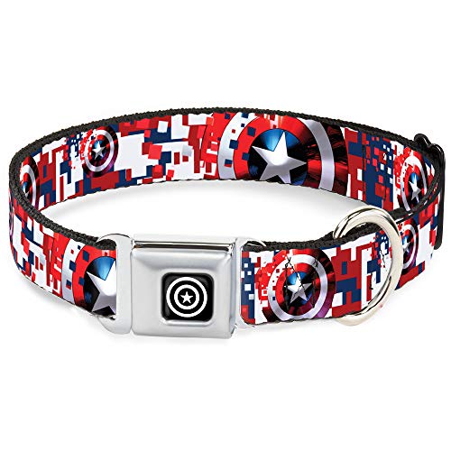 Collar de Perro con Hebilla de cinturón de Seguridad Capitán América Escudo Digital Camo Azul Blanco Rojo 16 a 23 Pulgadas 1.5 Pulgadas de Ancho