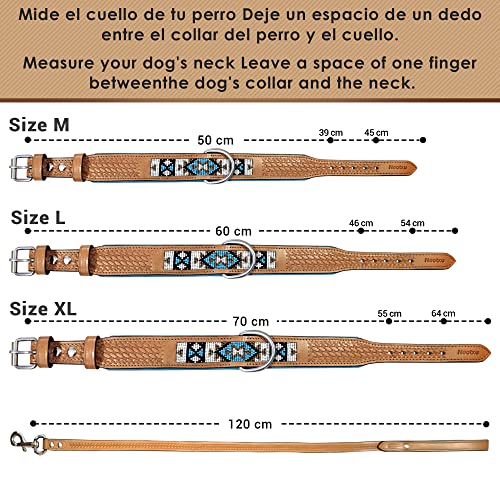 Collar de Perro Cuero con Correa de Cuero.Set Completo de Cuero Grabado con Cuentas Africanas Hecho a Mano Estilo Étnico Masai – Collar + Correa de Entrenamiento de 1,20m (L: 46cm-54cm Ajustable)