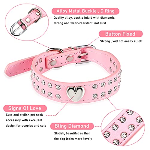 Collar de Perro de Cristal Collar de Mascotas con Diamantes de Imitación Collar de Cachorro Brillante Collar de Perro de Cuero de PU con Tachuelas de Corazón Collar Rosa Ajustable, Talla S