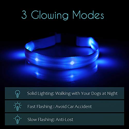 Collar Luminoso de Perro LED para Perros Pequeños Collar de Perro Iluminado para Cachorros, Collar de Perro Intermitente Recargable, Ajustable con 3 Modos Súper Brillante - Azul