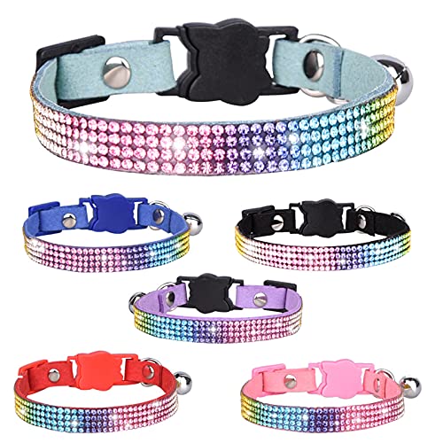 Collar para mascotas, collar de gato con diamantes de imitación con hebilla de seguridad, collar ajustable para gatos y perros (XS: azul claro)