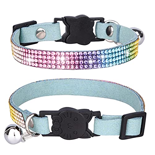 Collar para mascotas, collar de gato con diamantes de imitación con hebilla de seguridad, collar ajustable para gatos y perros (XS: azul claro)