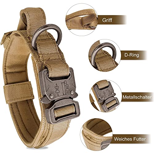 Collar para Perro Ajustable, Asa de Control, Perros Grandes Tácticos con Hebilla de Metal, Collares para Perros Anchos 3.8CM, Collar K9 Nylon L Marrón