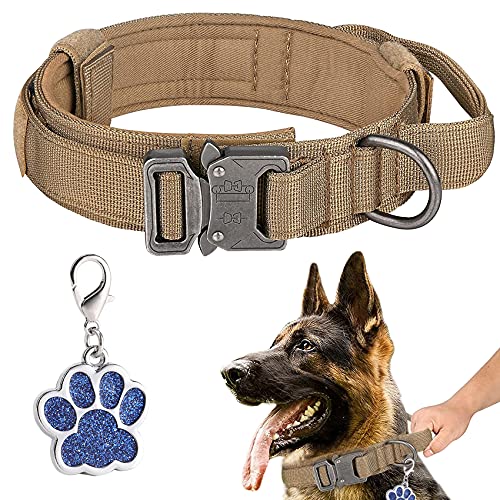 Collar para Perro Ajustable, Asa de Control, Perros Grandes Tácticos con Hebilla de Metal, Collares para Perros Anchos 3.8CM, Collar K9 Nylon L Marrón