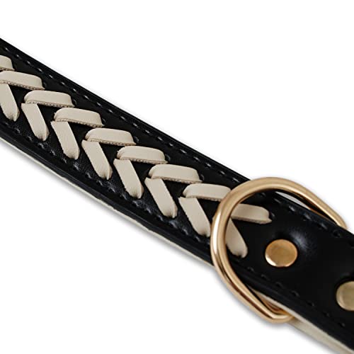 Collar para Perro de Cuero Trenzado Blanco y Negro para Perros Medio, Collar Acolchado Ajustable con Anillos en D Dobles (32-42 cm de Tamaño del Cuello)