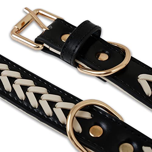 Collar para Perro de Cuero Trenzado Blanco y Negro para Perros Medio, Collar Acolchado Ajustable con Anillos en D Dobles (32-42 cm de Tamaño del Cuello)