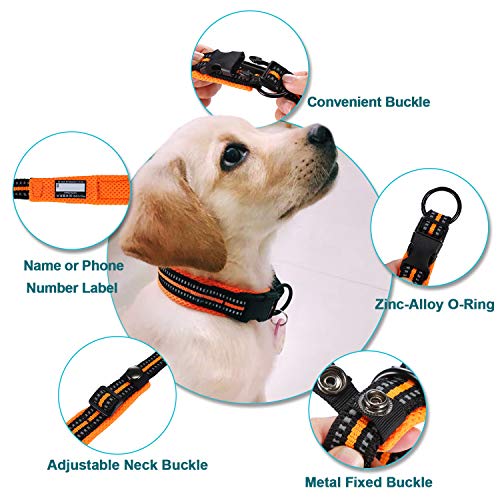 Collar para Perros Pequeños Grandes Medianos Reflectante Suave Acolchado Impermeable Ajustable Transpirable con Etiqueta de Nombre para Caminar Correr Trekking Entrenamiento (Naranja, S)